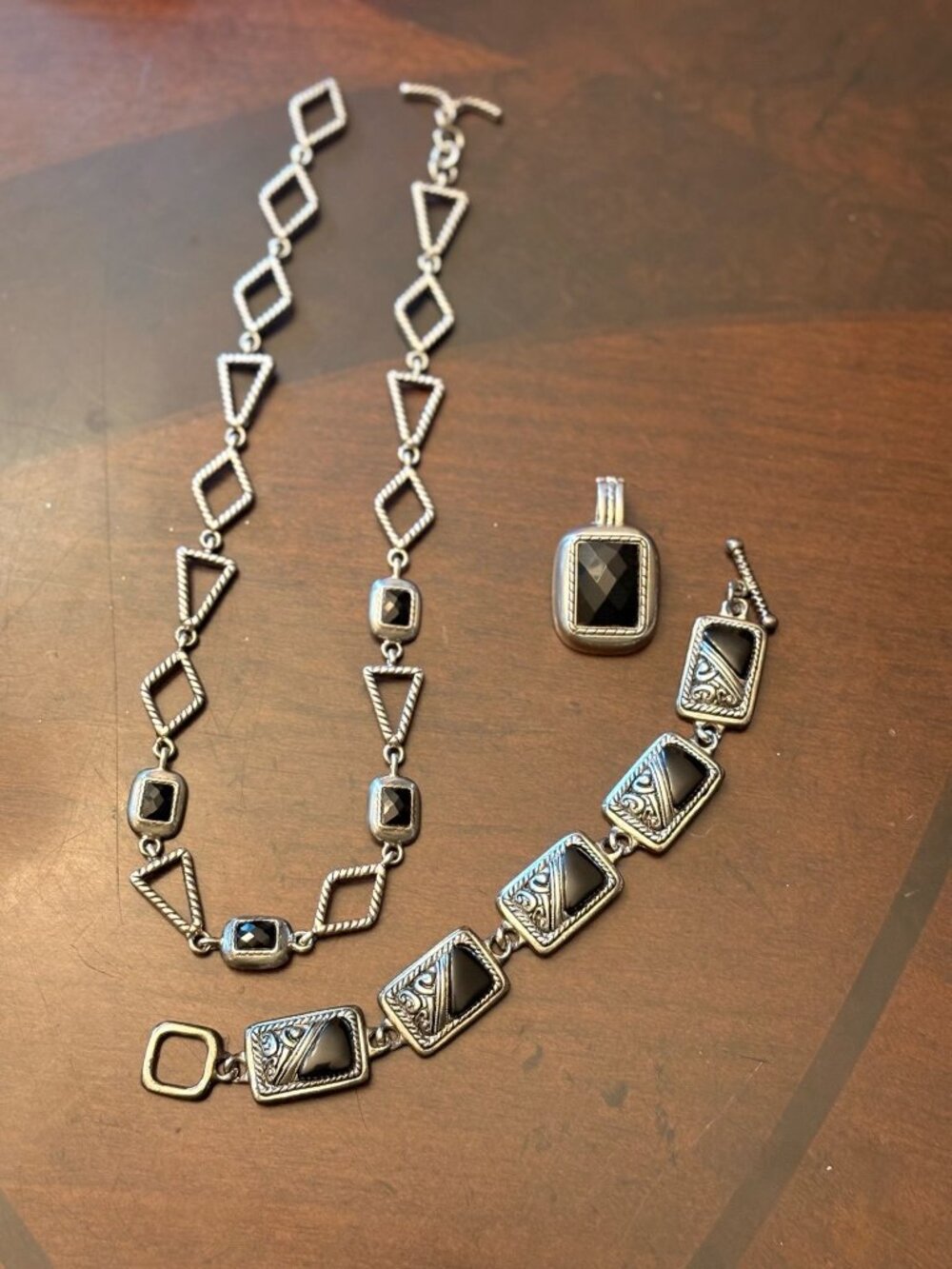Brighton Silver Plated Black Onyx Scrollwork Necklace & Bracelet Set